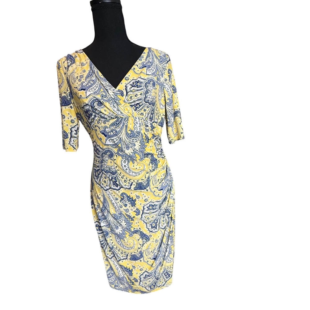 Lauren Ralph Lauren Yellow Navy Paisley Ruched Surplice Sheath Dress 4